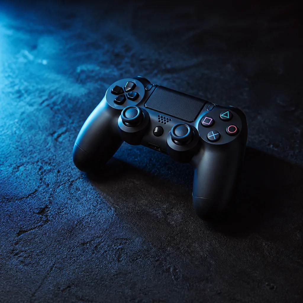 Un control de videojuego sobre superficie oscura con luz azul / A game controller on a dark surface with blue light