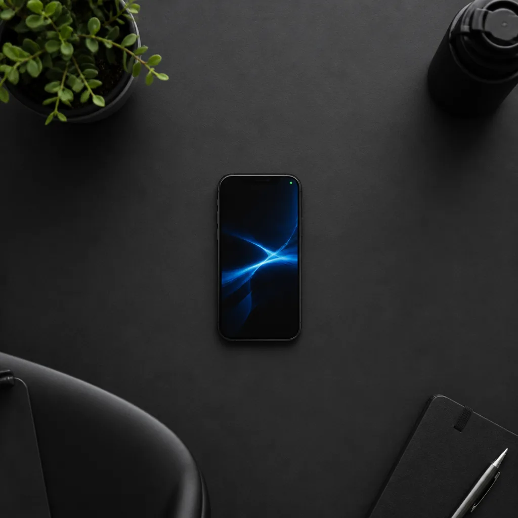Escritorio oscuro con un teléfono iluminado en azul / Dark desk with a phone glowing blue