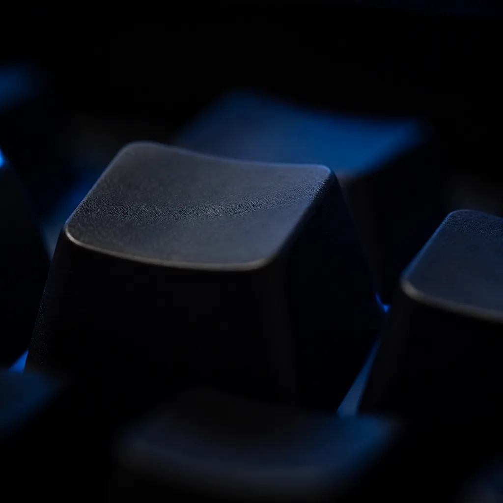 Primer plano de una tecla de teclado mecánico con luz azul / Close-up of a mechanical keyboard key with blue light